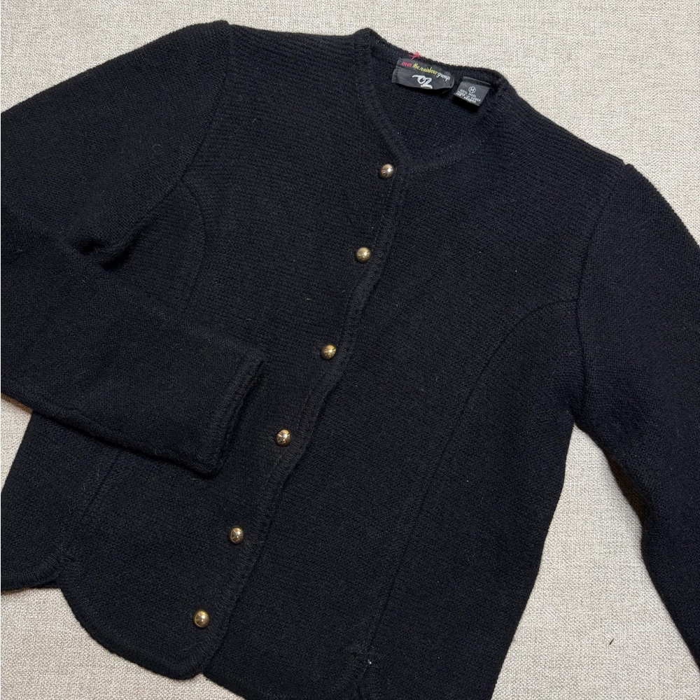 VTG OVER THE RAINBOW GROUP Boiled Wool Cardigan Jacket Black Scalloped Hem. M